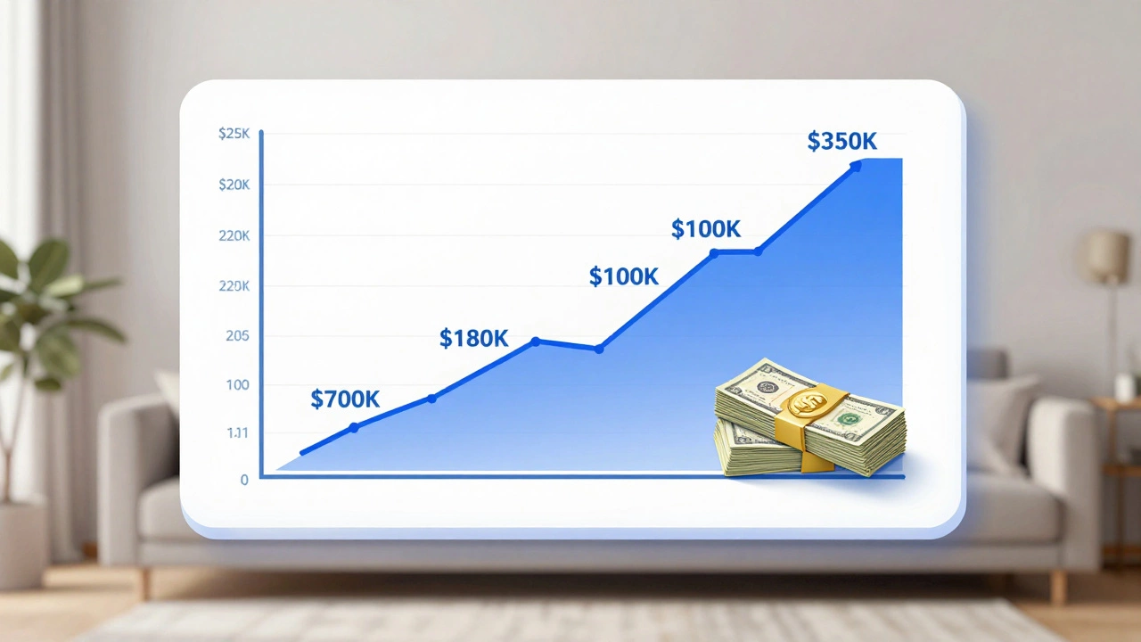 Chart showing home value increase and equity turned into cash, floating above a living room.