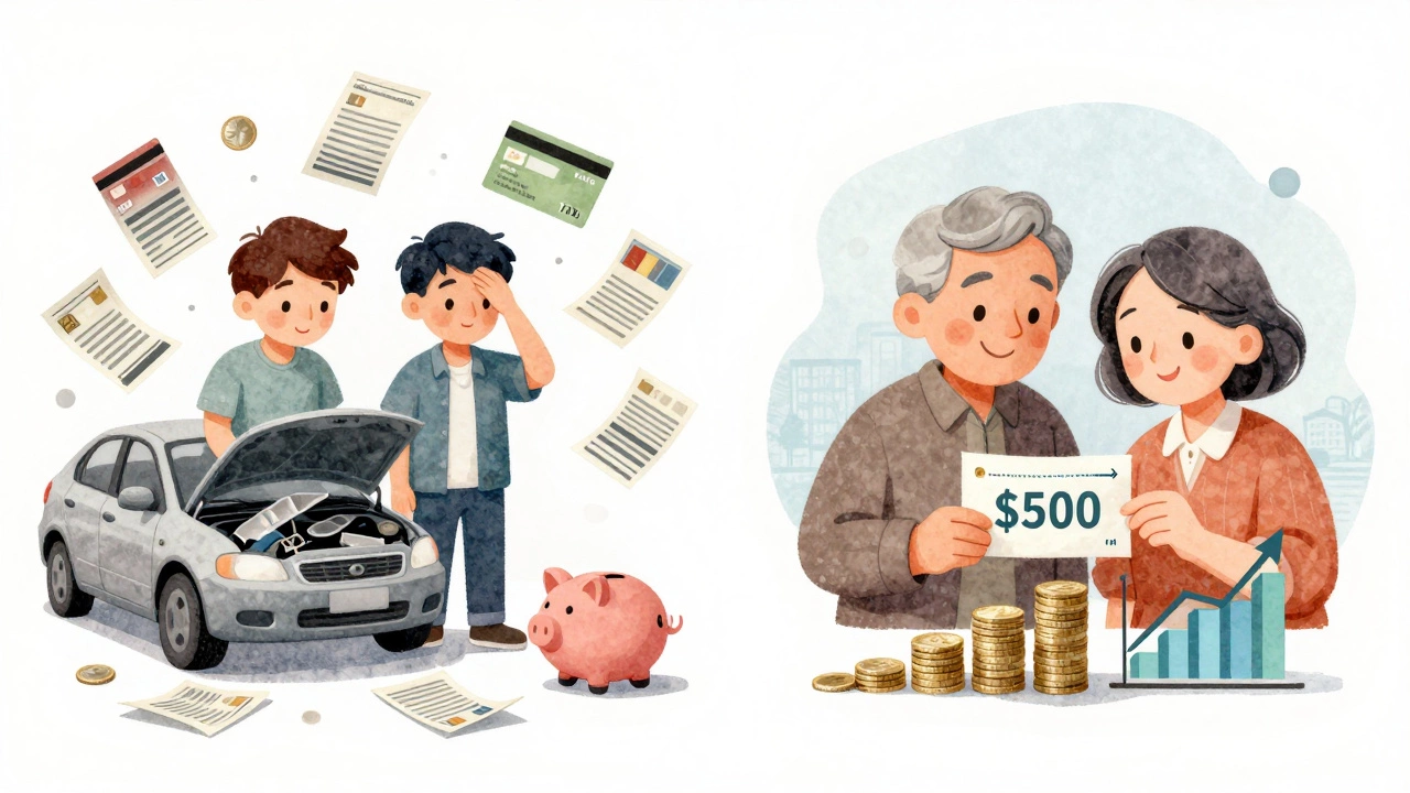 Contrasting scenes of financial stress versus security, showing young and older households side by side.