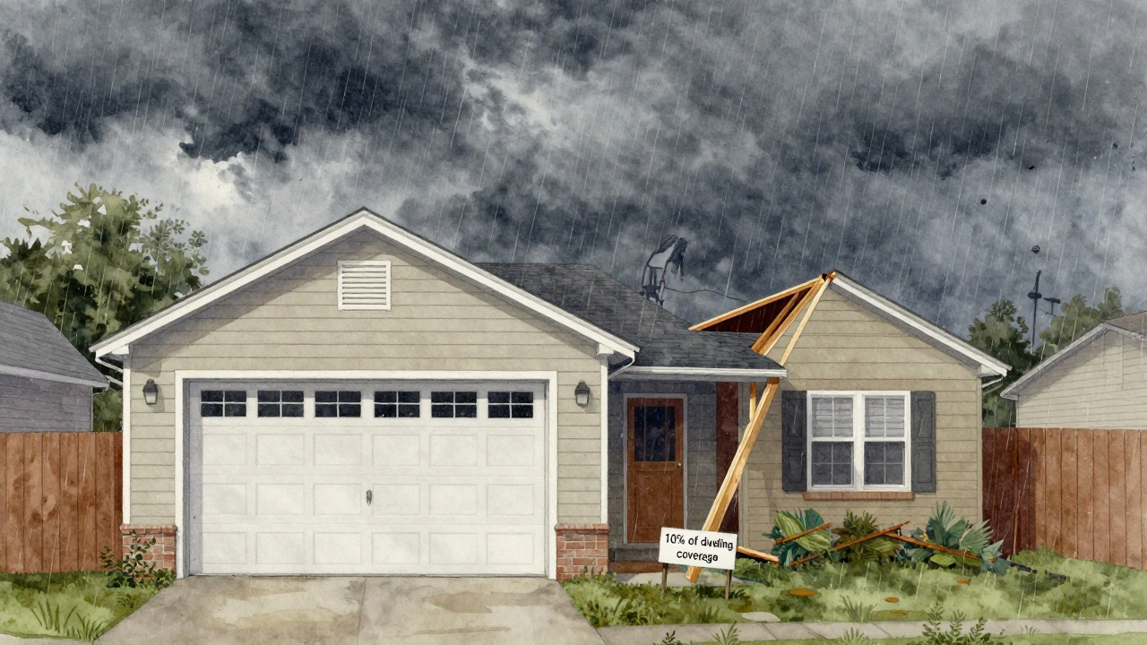 Detached garage, shed, and fence damaged in a storm, representing other structures coverage.