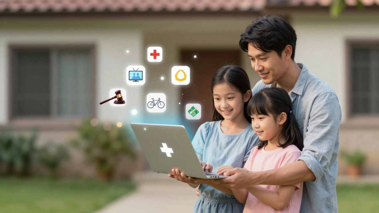 Family outside home with floating icons of belongings, liability symbols, and living expenses.