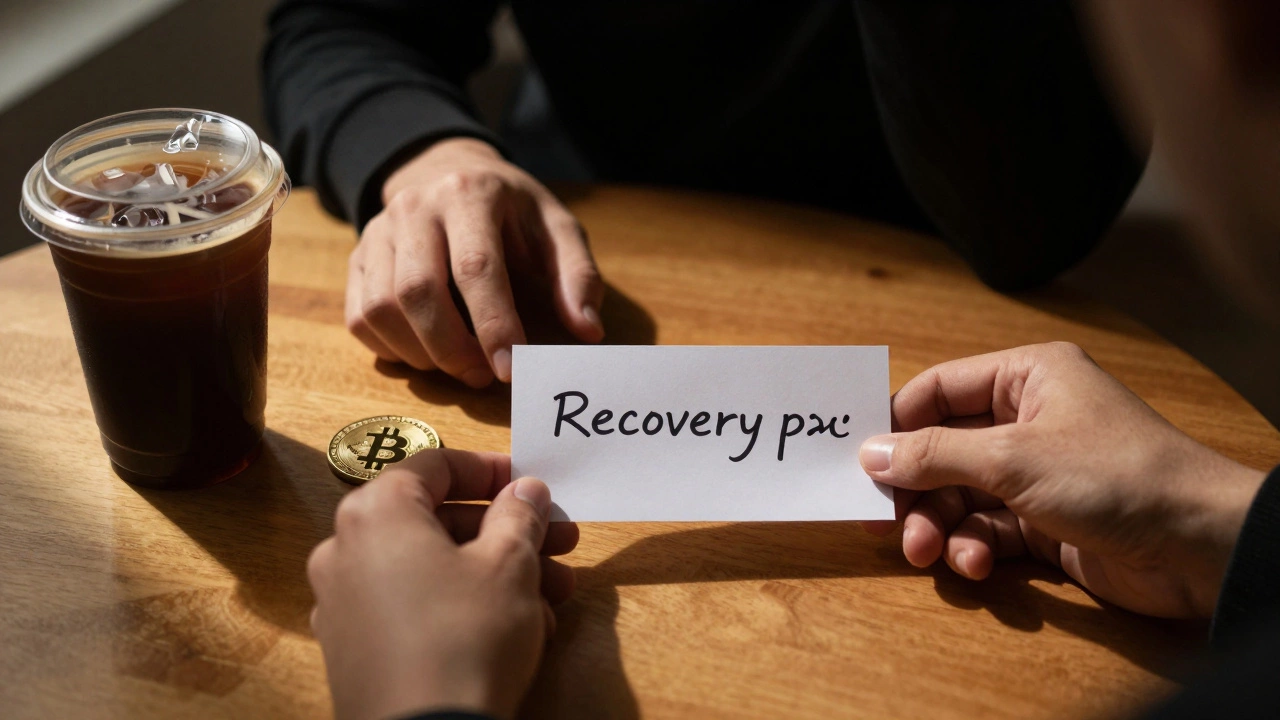 Hand holding recovery phrase paper beside Bitcoin coin, shadowy figure approaching