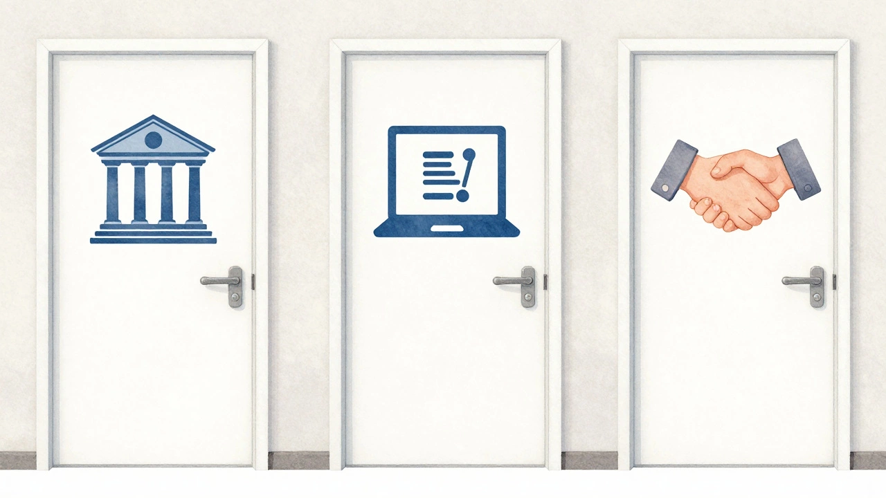 Person between three doors with symbols for banks, online lenders, and credit unions