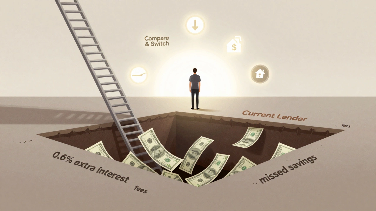 Person on platform labeled 'Current Lender' above a pit of financial costs, with ladder leading to better rates.