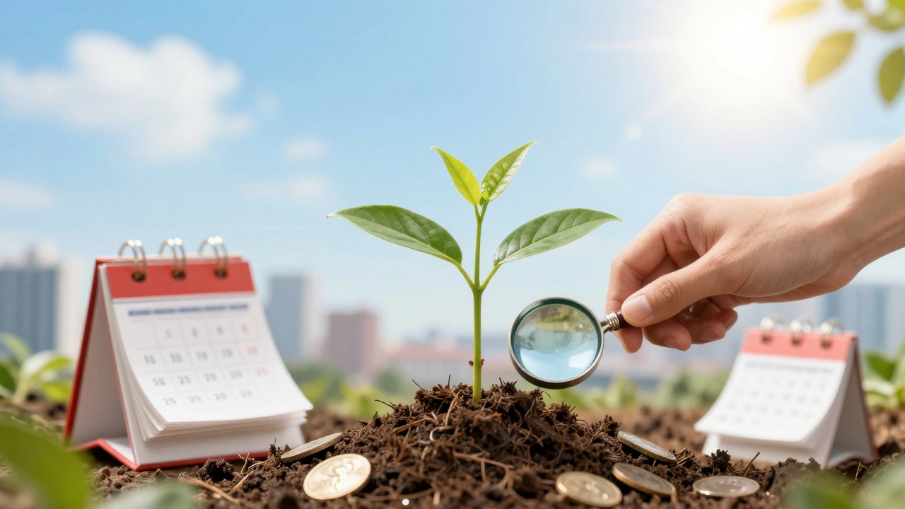 Person tending a sapling with symbolic leaves for credit improvement under sunlight