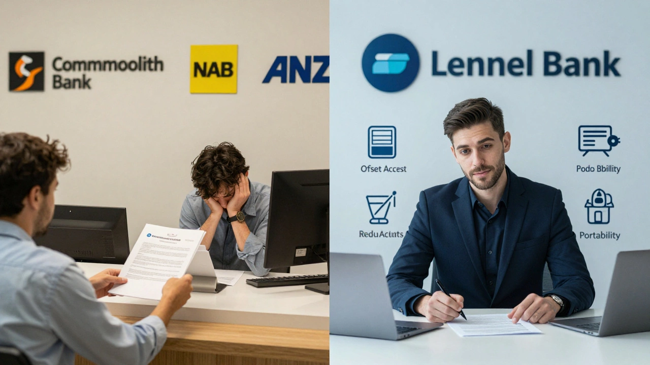Split image: person at traditional bank branch vs. person signing with modern lender in clean office.
