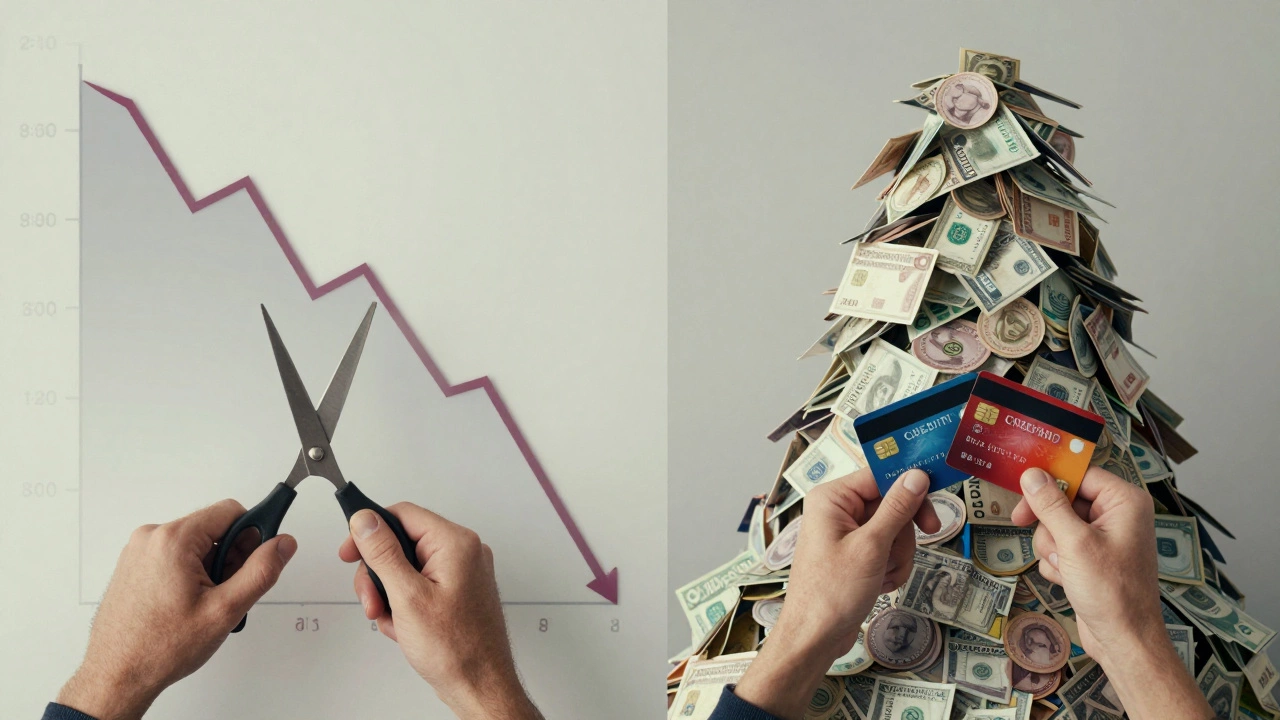 Split image showing credit card closure lowering credit score and new cards increasing debt.