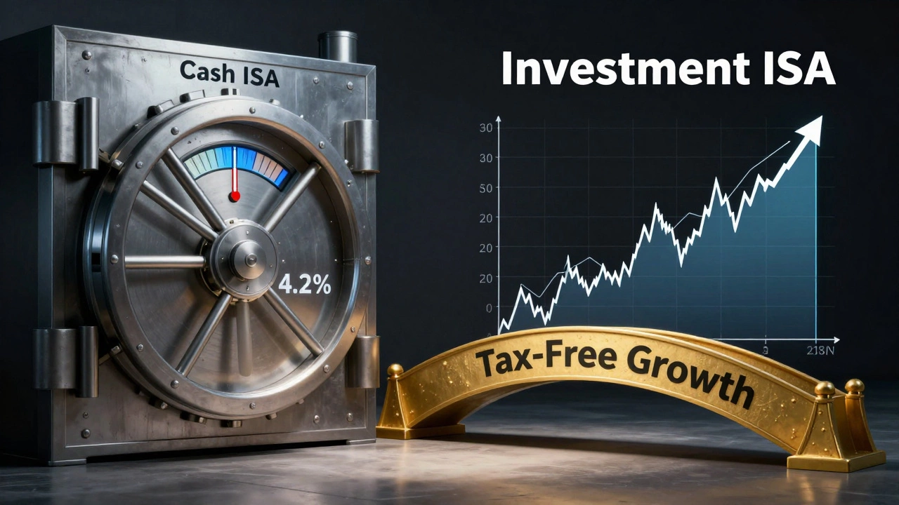 Two ISAs side by side: cash vault and stock graph, connected by a golden tax-free bridge.