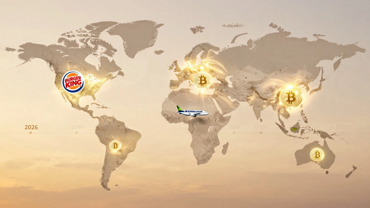 A global map showing Bitcoin transactions and merchants accepting cryptocurrency across continents.