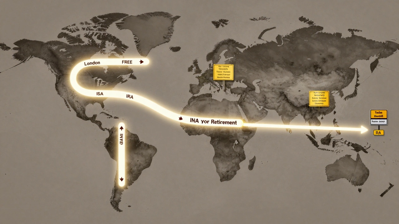 A global map showing ISA's freedom versus IRA's restricted path to retirement, with tax warning signs.