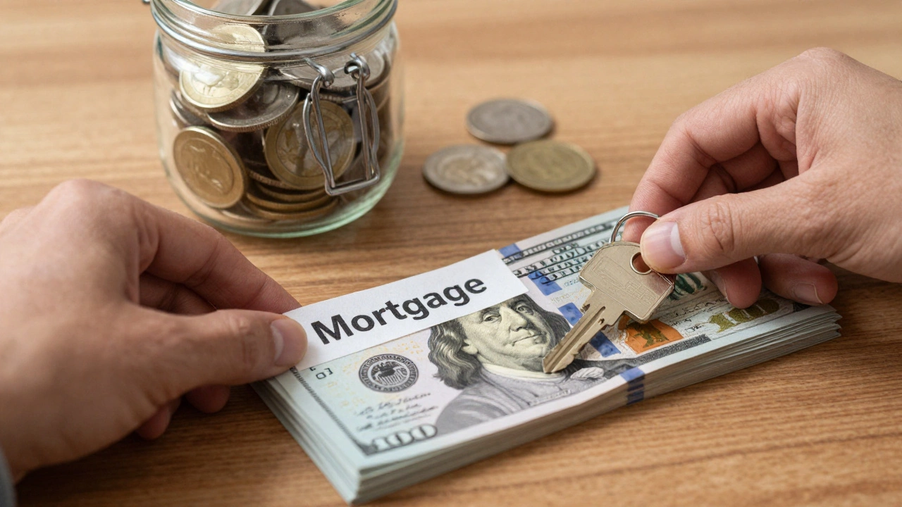 A house key beside a refinanced mortgage document with a savings jar filling up.