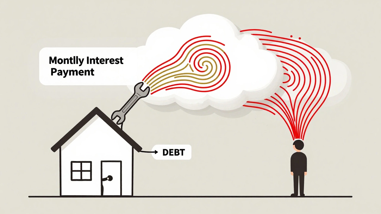 A house with a growing debt cloud above it, while one figure stops the growth with a monthly payment.