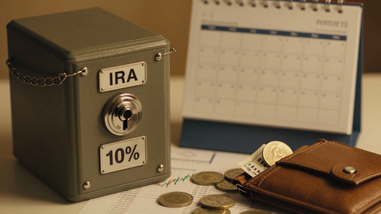 A locked retirement box labeled IRA with penalties, contrasted with an open ISA wallet with no restrictions.