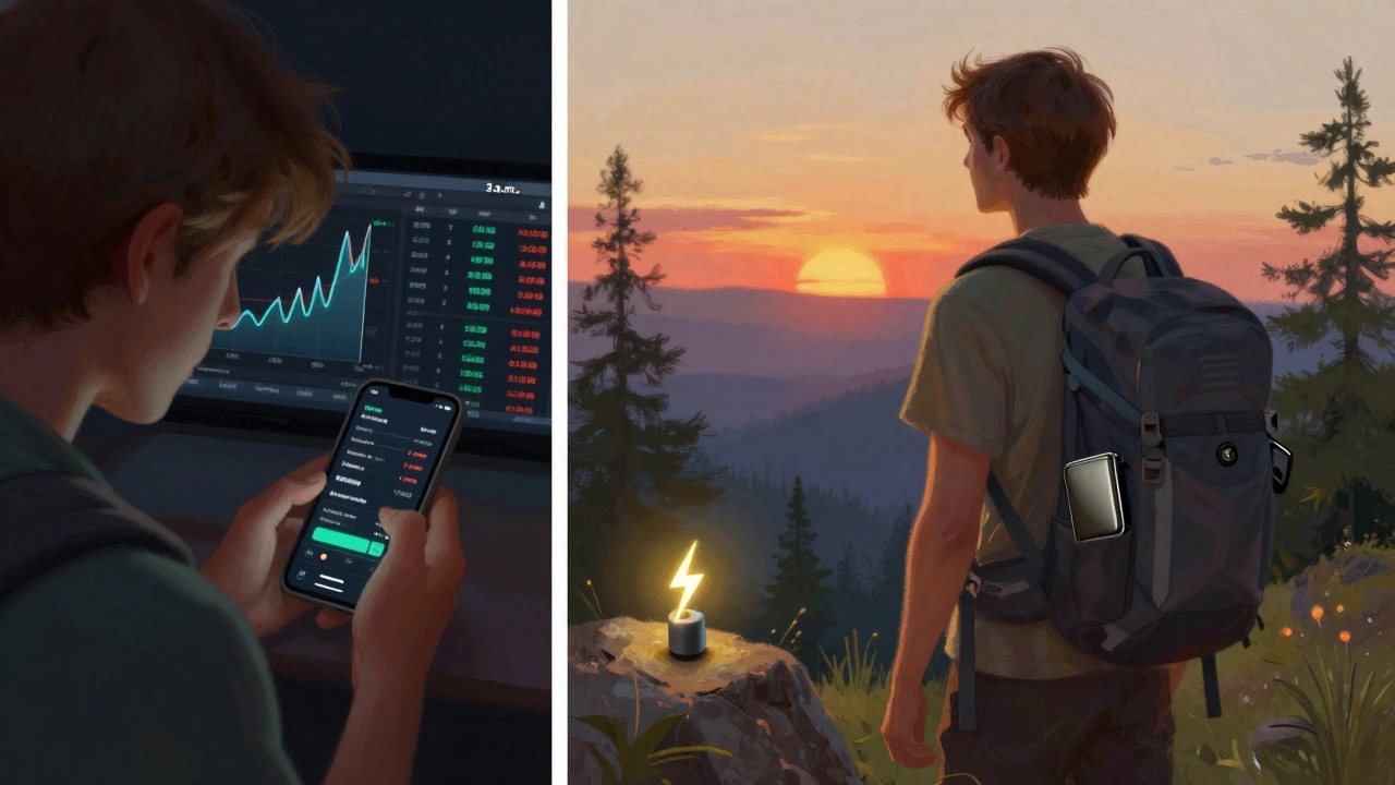 A person comparing anxious crypto checking with calm long-term holding during a nature hike.