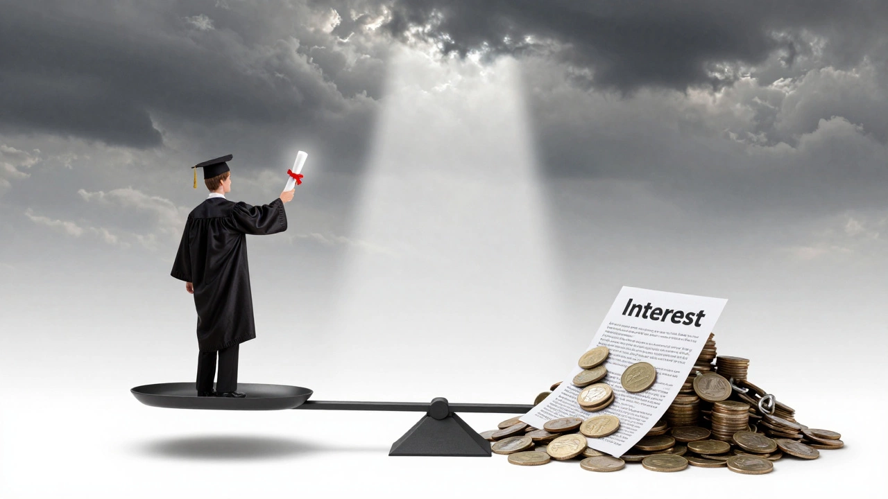 A scale balancing a diploma against a heavy chain of loan documents and interest.