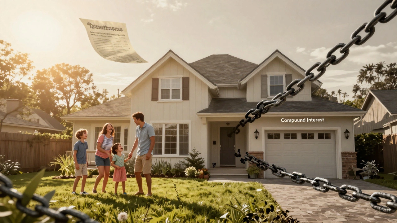 A split image showing a happy home on one side and the same home trapped by debt chains on the other.