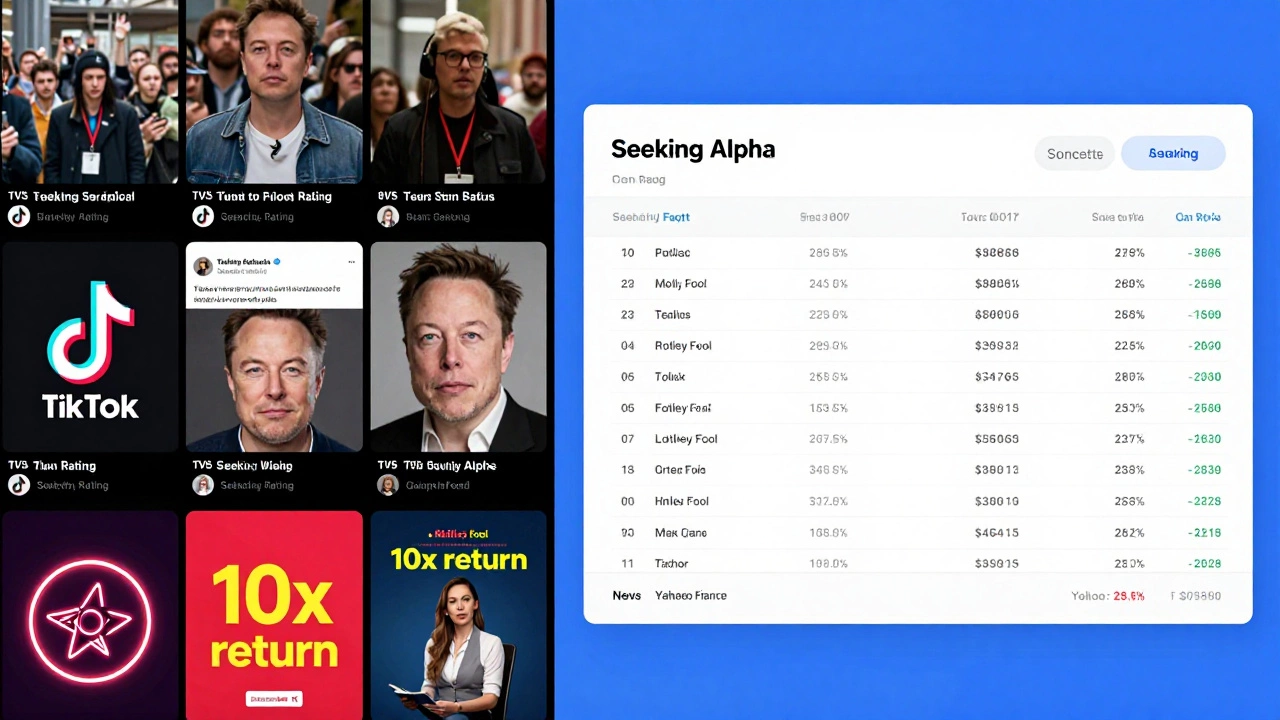 Contrast between chaotic social media stock hype and calm, data-rich investment analysis dashboards.