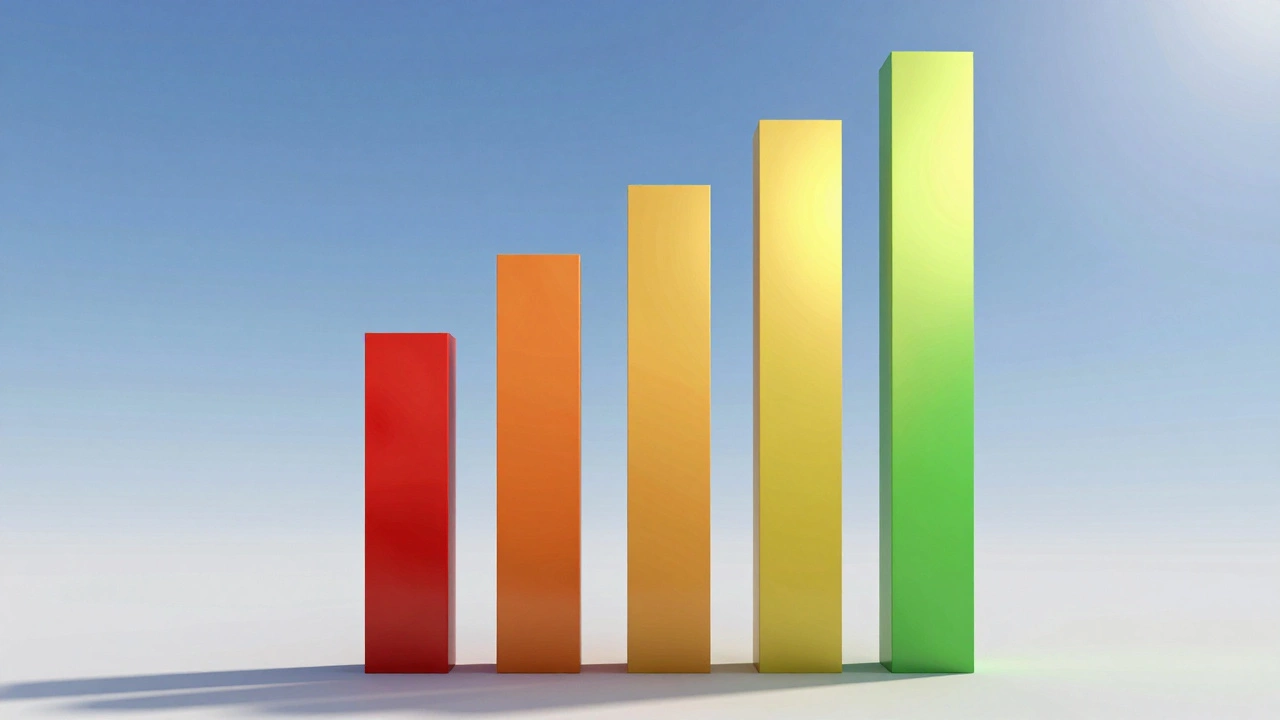 Five colored pillars representing credit score tiers