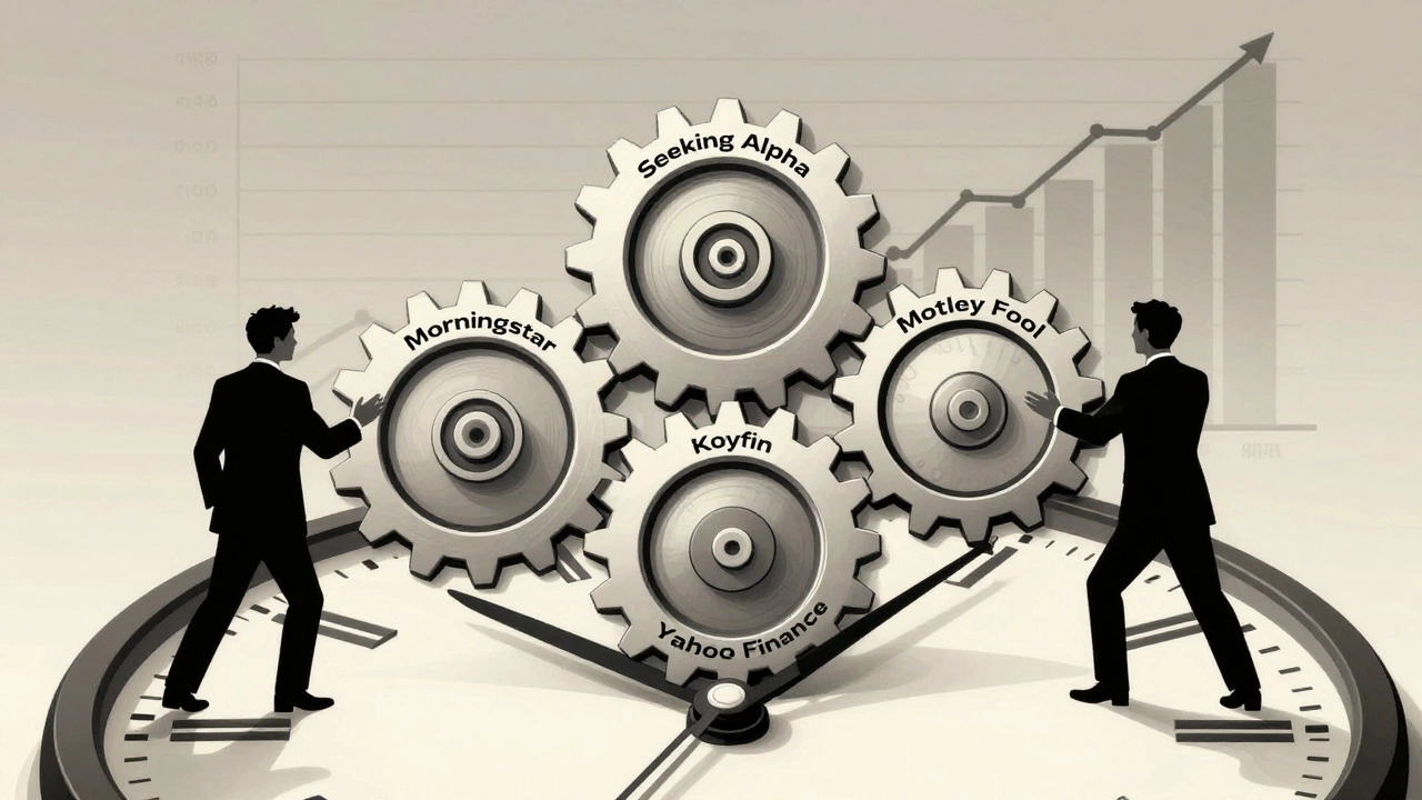 Five financial analysis platforms working together as interconnected gears driving long-term investment growth.