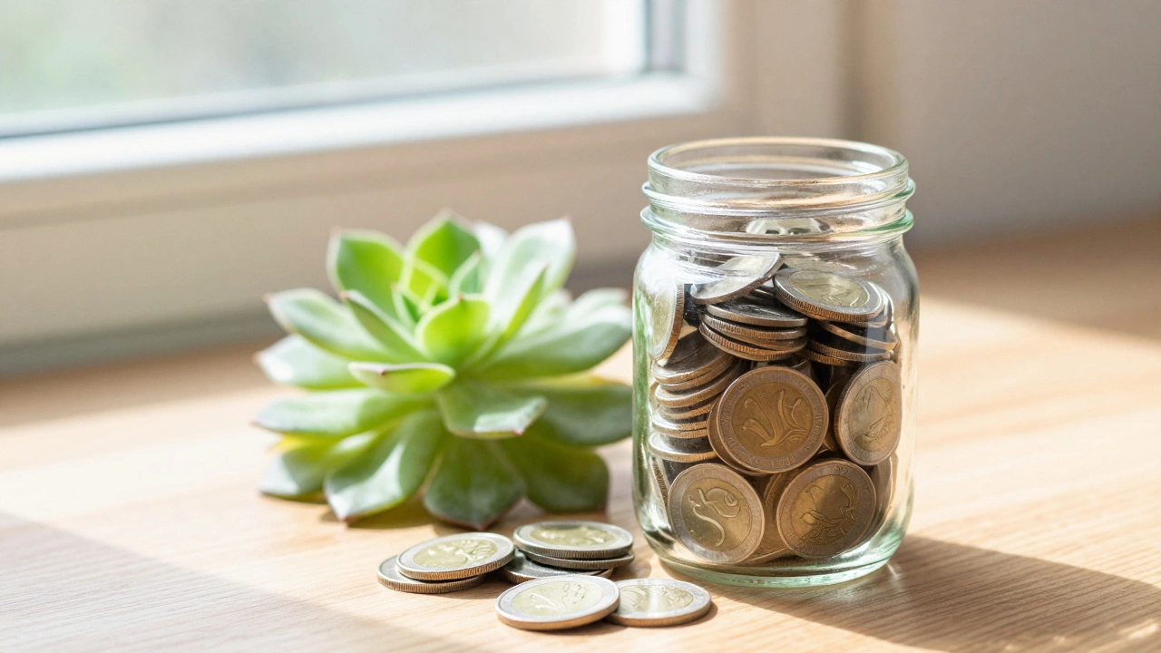 Glass jar full of coins next to plant showing savings growth