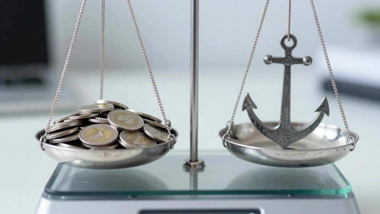 Glass scale weighing silver coins against a diamond