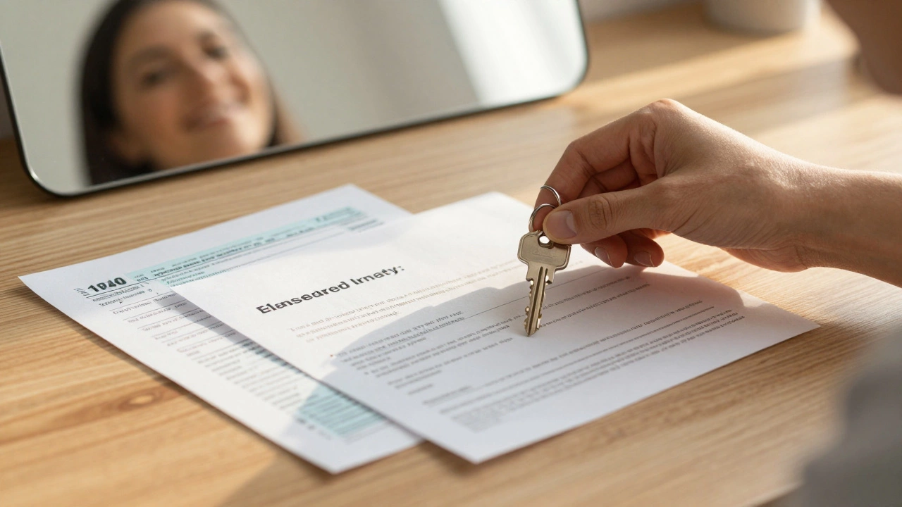 Hand placing key on table next to tax returns and employment letter, symbolizing improved financial standing.