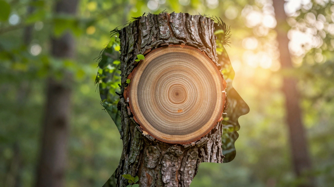 Human silhouette filled with tree growth rings