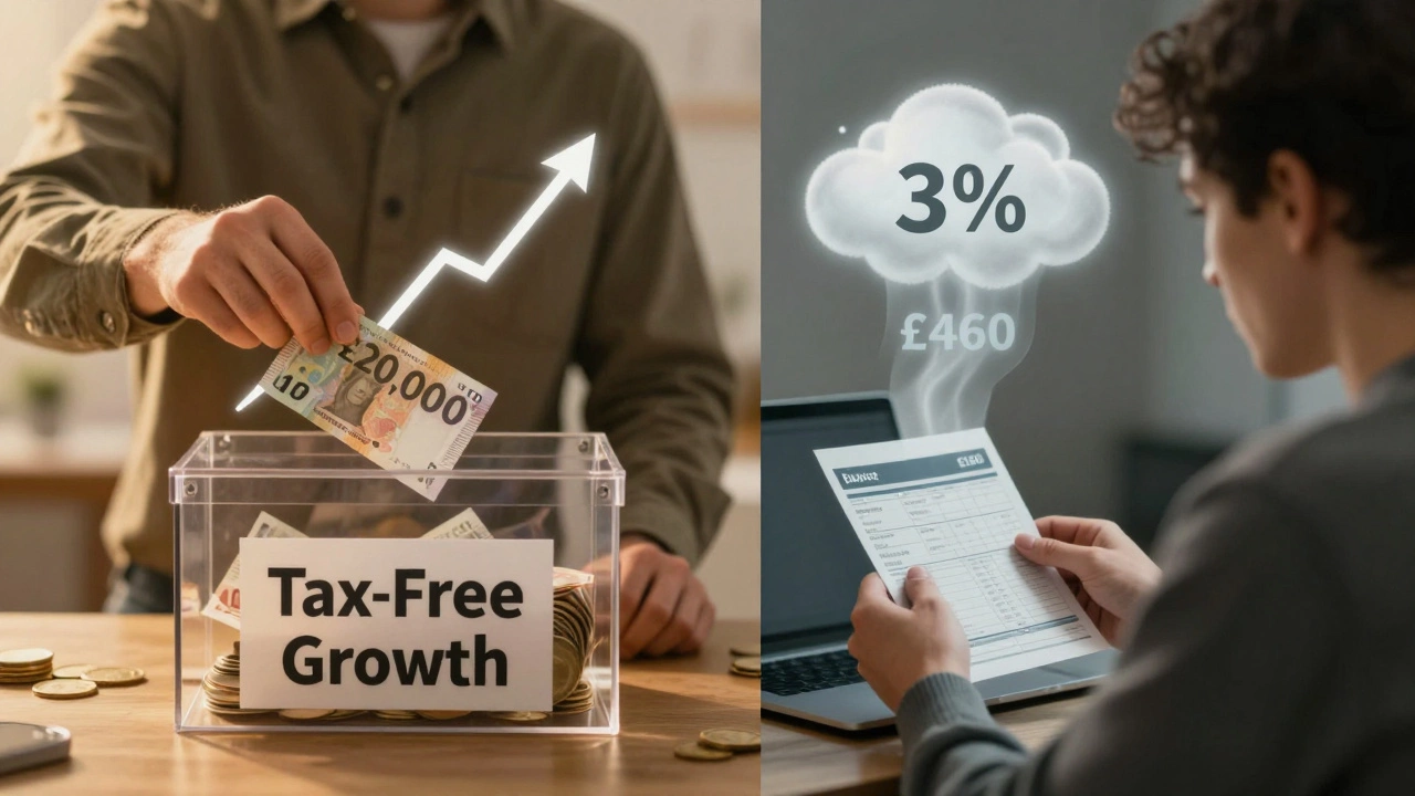 Person comparing tax-free growth on left to inflation loss on right in split-screen scene.