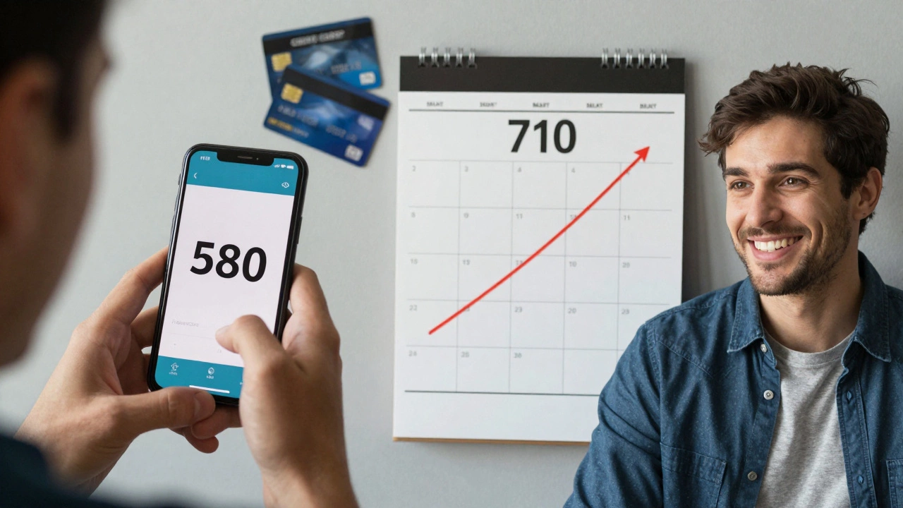 Split image showing credit score rising from 580 to 710 over time with unused credit cards.