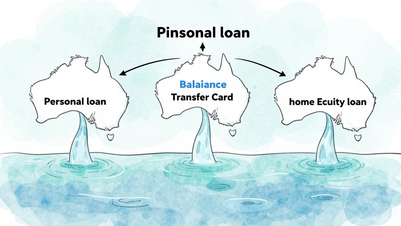 Three financial paths flowing into one calm stream, illustrating debt consolidation options.