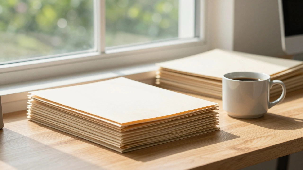 Tidy desk with folders and mug near window