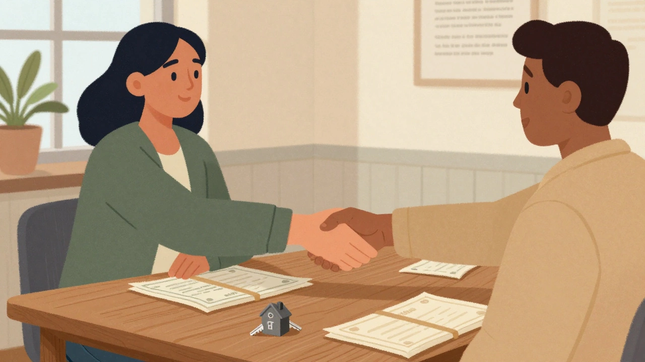 Two people shaking hands over savings certificates and keys