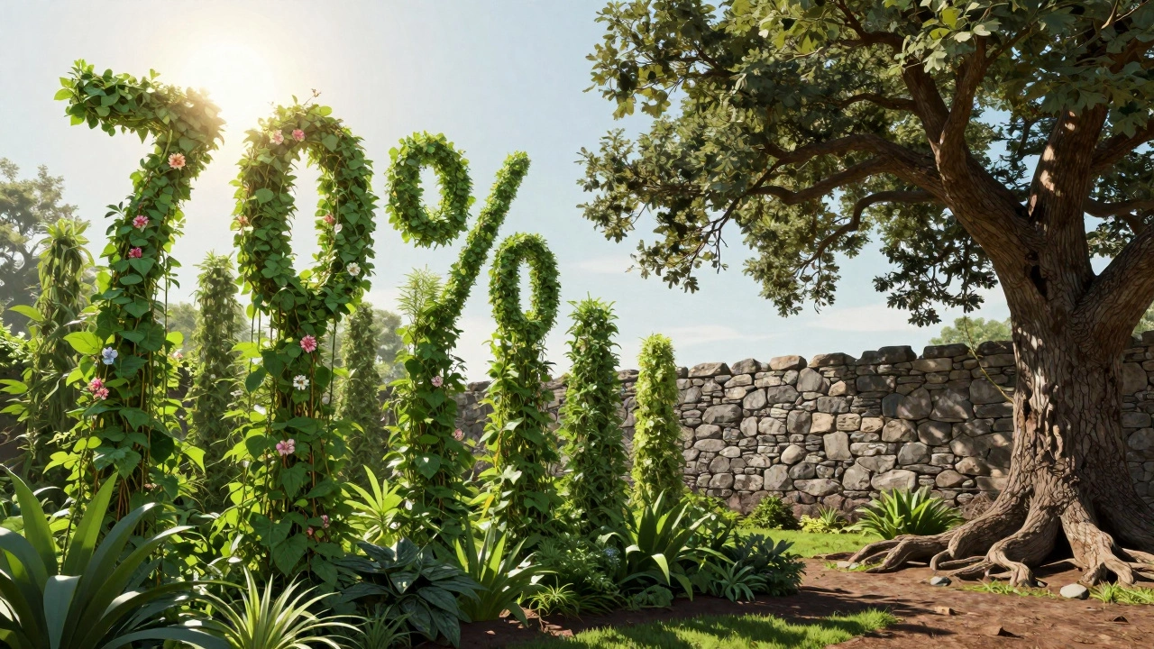 A digital garden with fast-growing green plants and a sturdy stone wall for protection.