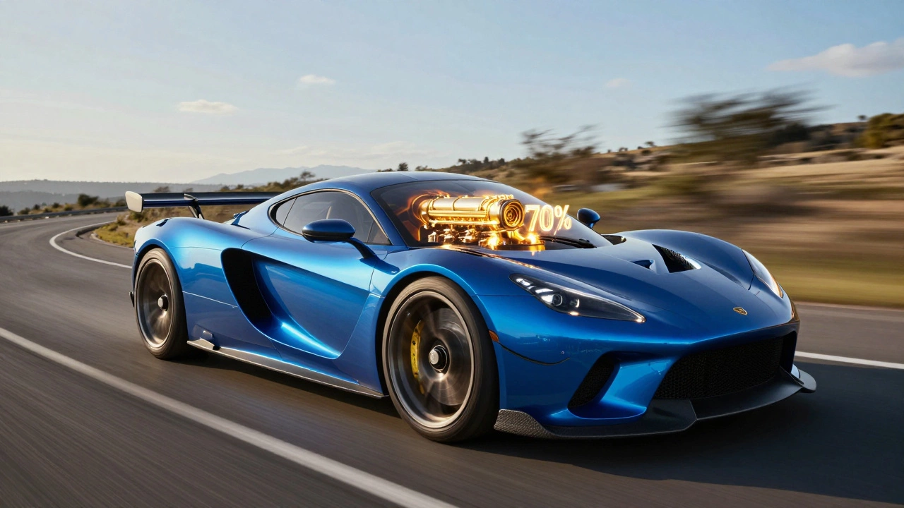 A fast sports car with a glowing golden engine and blue reinforced brakes on a road.
