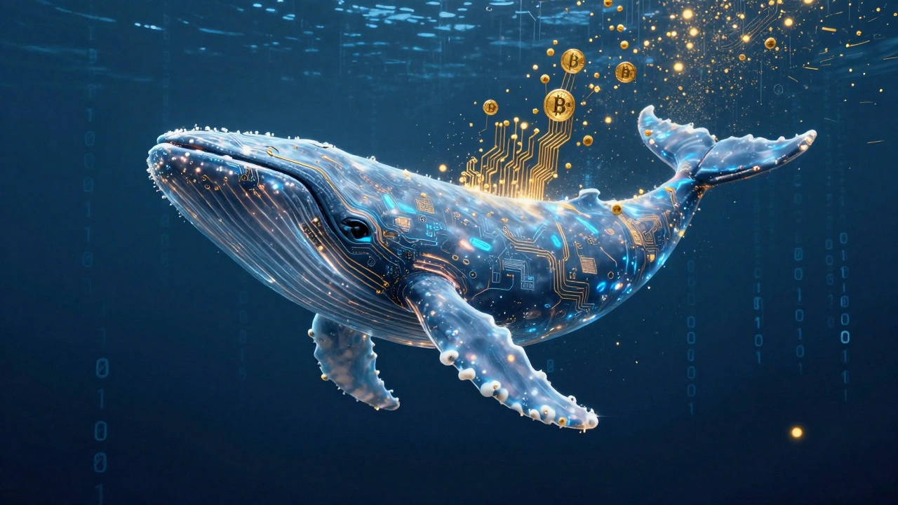 A giant digital whale made of golden circuits swimming through a sea of blue binary code