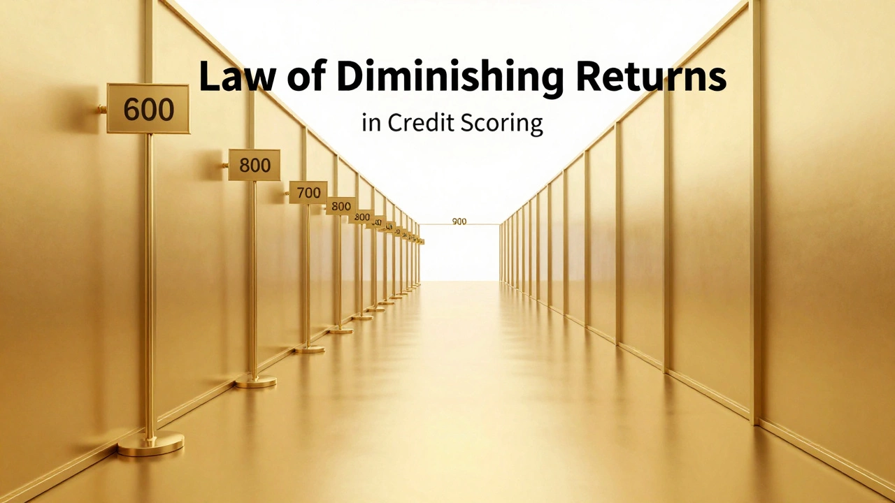 A golden architectural hallway symbolizing the plateau of credit score benefits