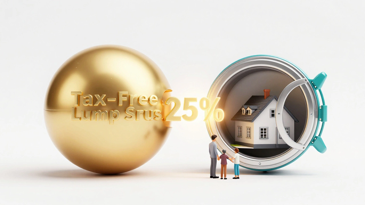 A golden pension pot with a tax-free portion moving toward a small house