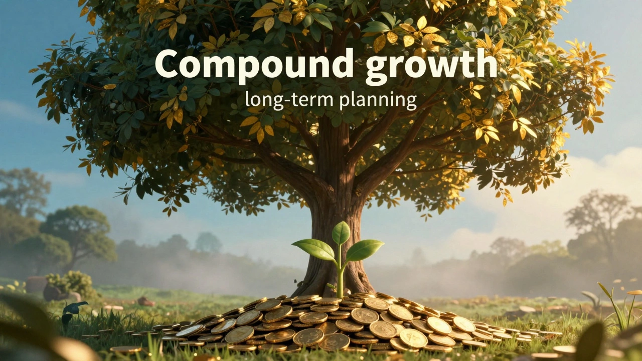 A golden tree growing from coins, symbolizing long-term financial growth