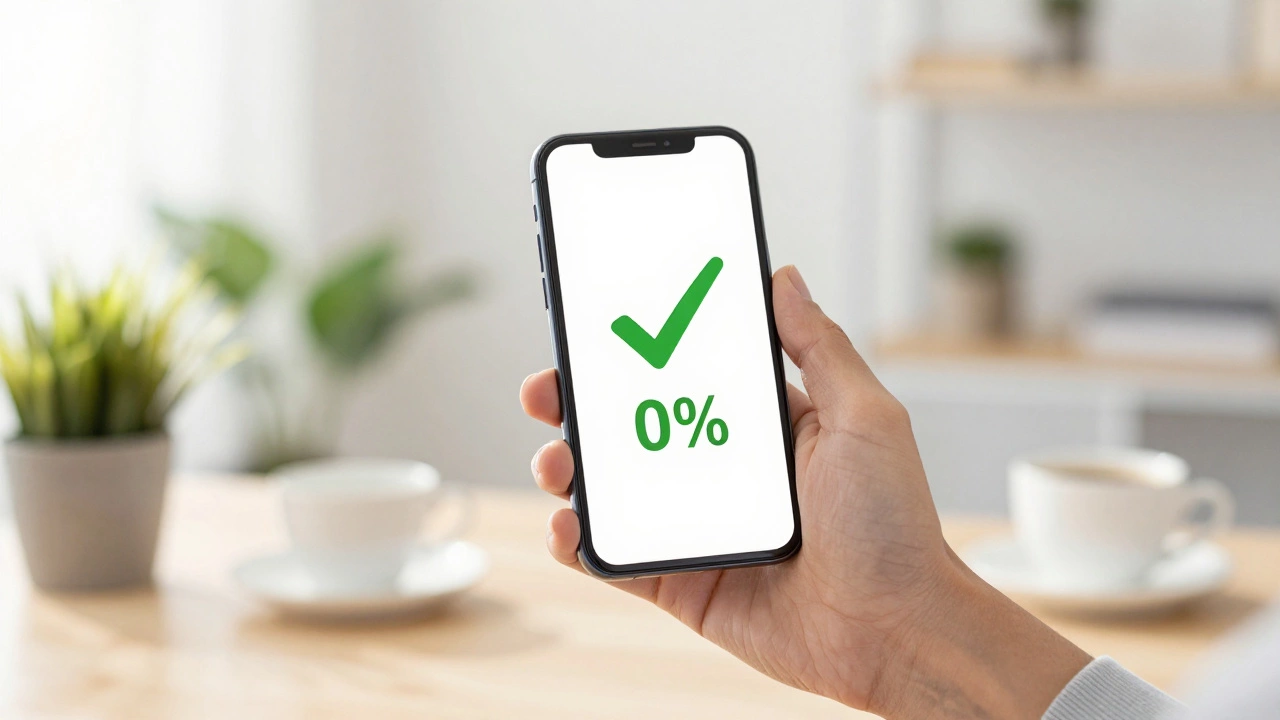 A hand holding a phone showing a 0% interest rate symbol in a bright room