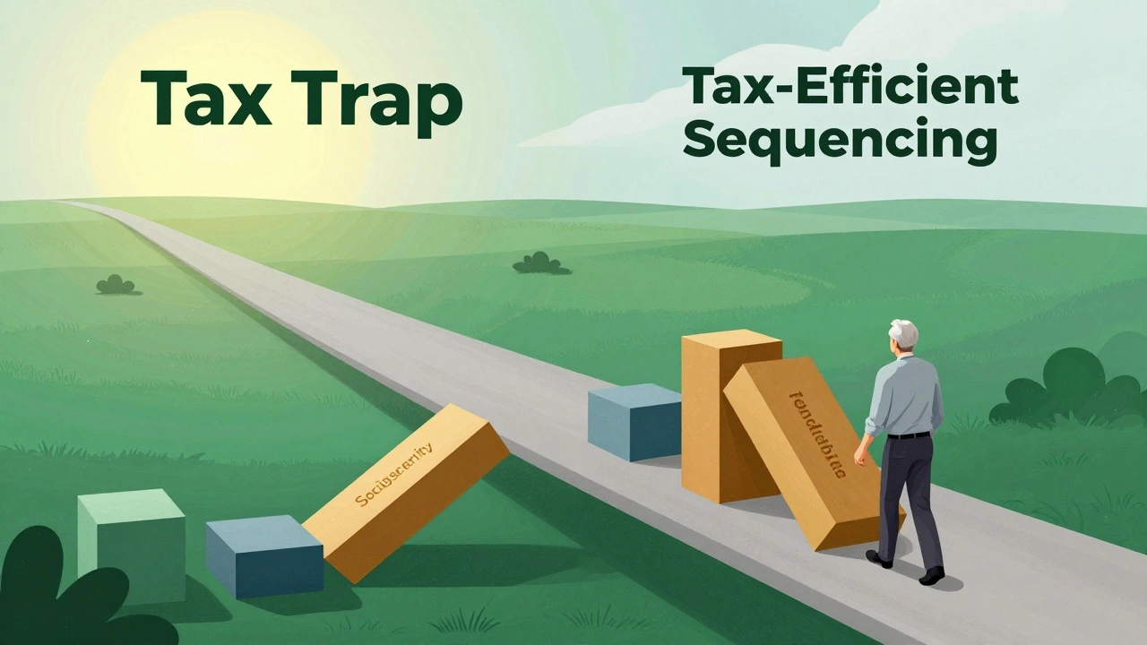 A retiree walking across a precarious bridge of colored blocks toward a sunny horizon