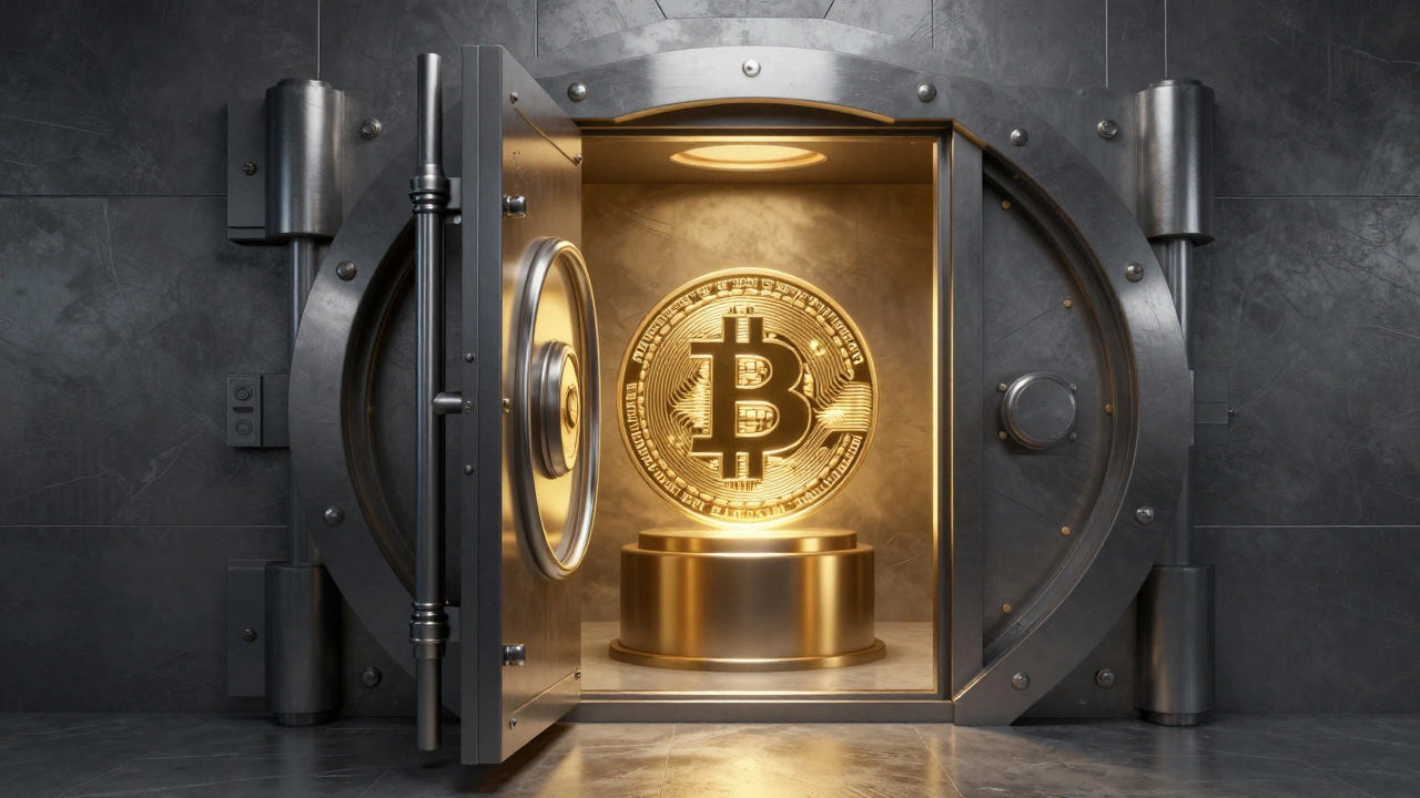A single glowing Bitcoin coin on a pedestal inside a futuristic industrial vault