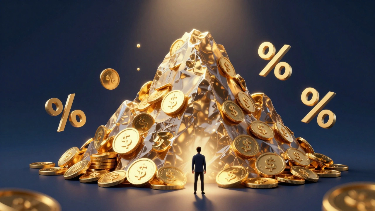 A small person facing a giant mountain of gold coins and percentage signs