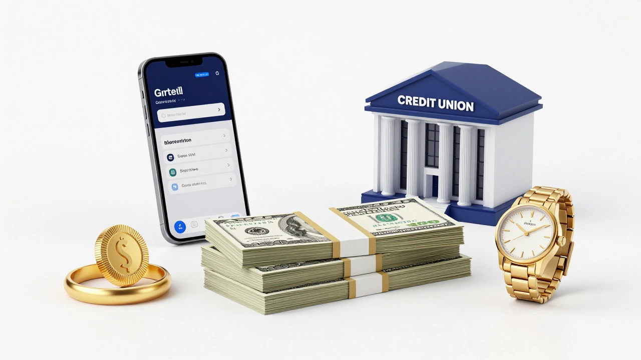 A thousand dollars surrounded by a watch, jewelry, and a smartphone with a finance app