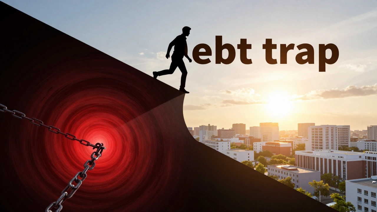 Conceptual image of a person moving from a dark debt vortex toward a bright financial sunrise