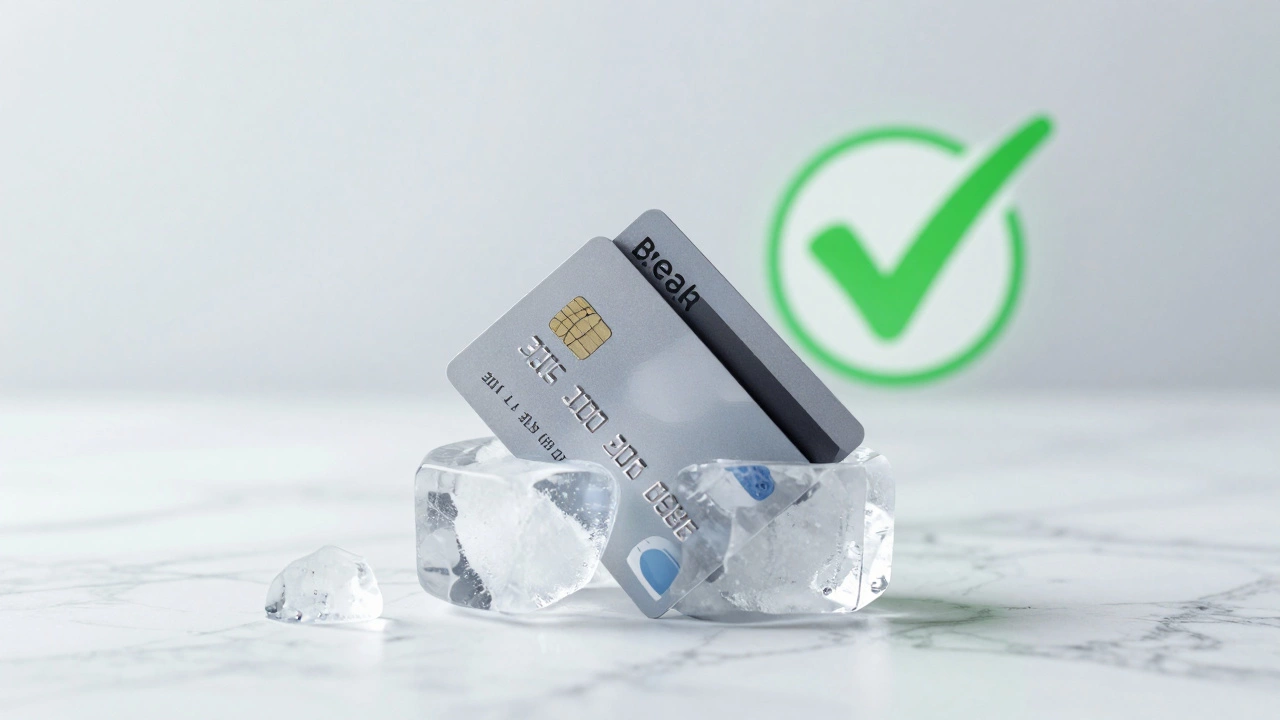 Credit cards frozen in a block of ice symbolizing the end of a debt cycle.