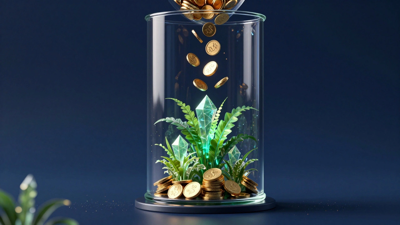 Golden coins transforming into glowing green crystalline plants in a glass vessel.