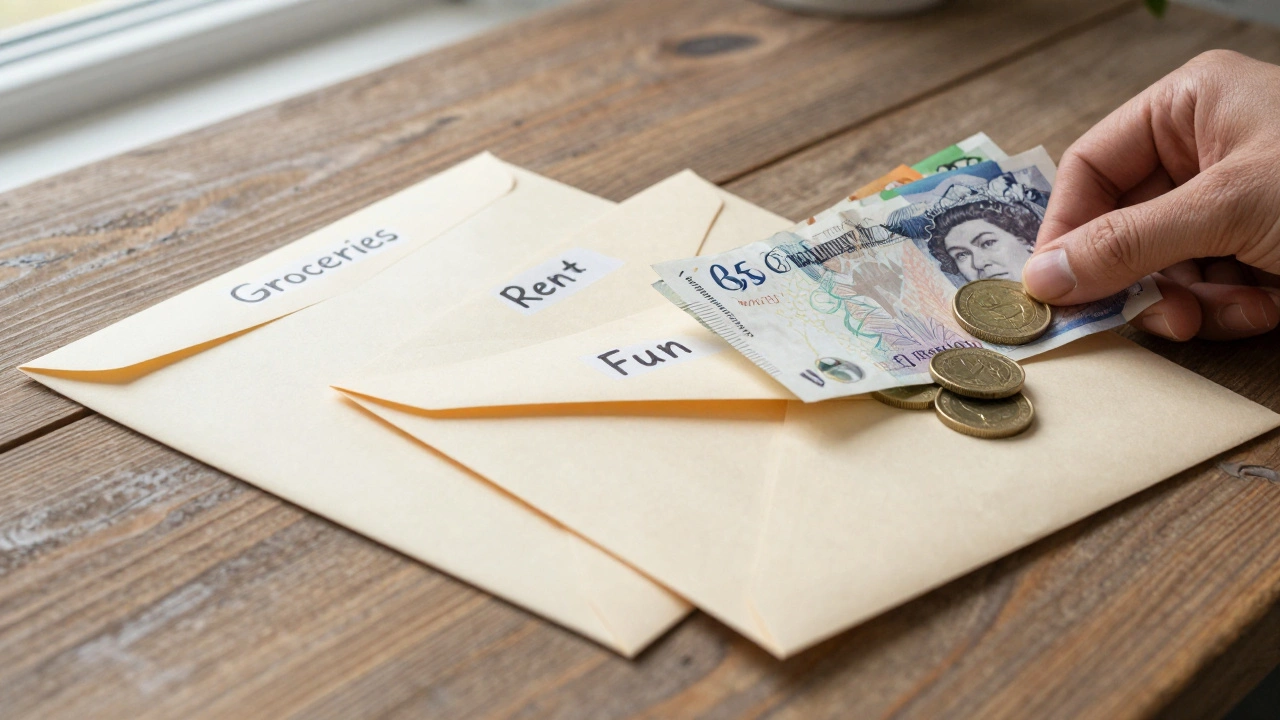 Paper envelopes labeled for expenses with British currency on a wooden table.