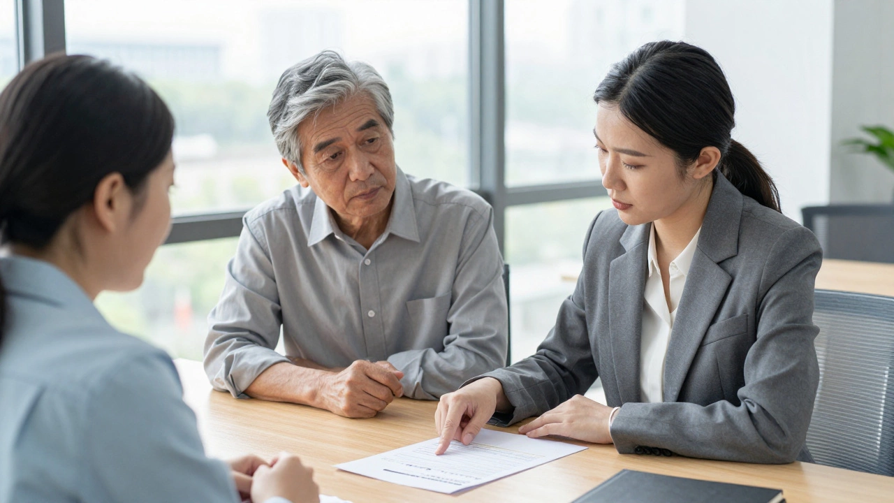 Senior couple receiving professional financial advice in a modern office setting.