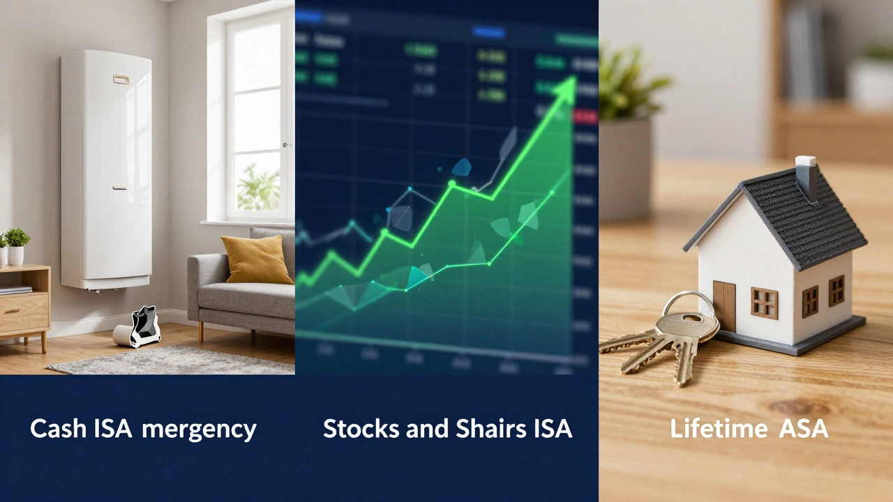 Split scene showing an emergency fund, stock market growth, and a new home