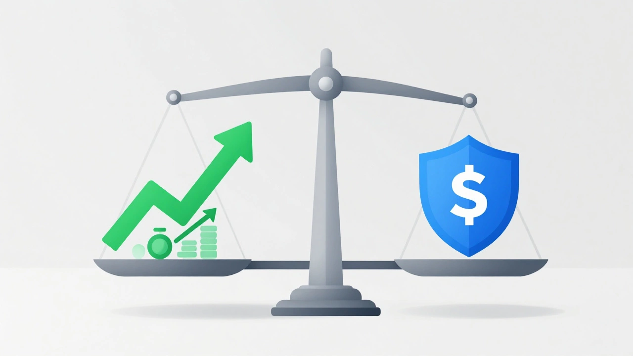 Balanced scale with growth arrow and safety shield, illustrating investment asset allocation strategy.