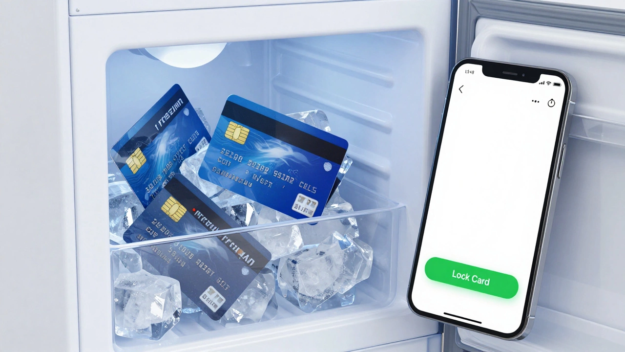 Credit cards frozen in ice and locked on phone app